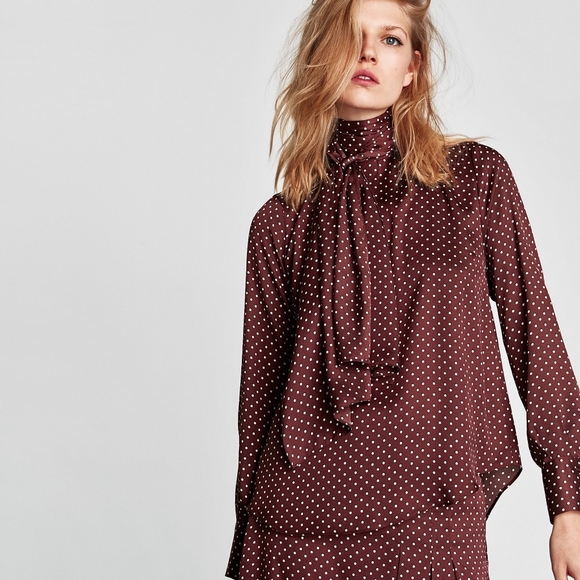Zara Tops - Zara S maroon polka dot blouse with bow